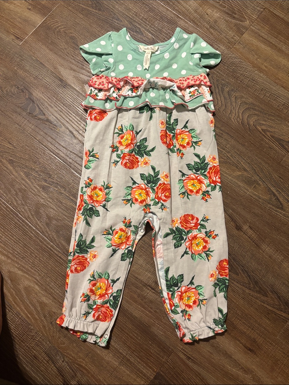 Matilda Jane Mint Green Polka Dot Romper with Coral Floral Ruffle
